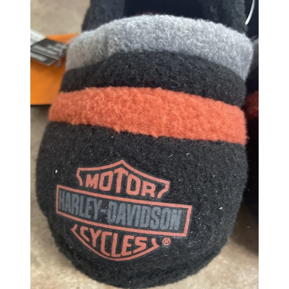 Harley-Davidson Boys Fleece Slippers Black Orange Logo House Shoes Size 8/9